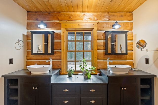 bathroom with vanity and wooden ceiling