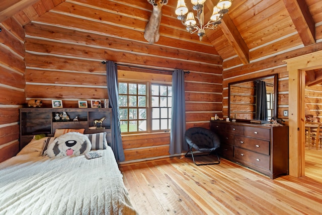 bedroom with vaulted ceiling with beams, wooden ceiling, light hardwood / wood-style floors, and a notable chandelier