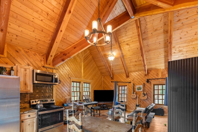 kitchen with light brown cabinetry, stainless steel appliances, and plenty of natural light