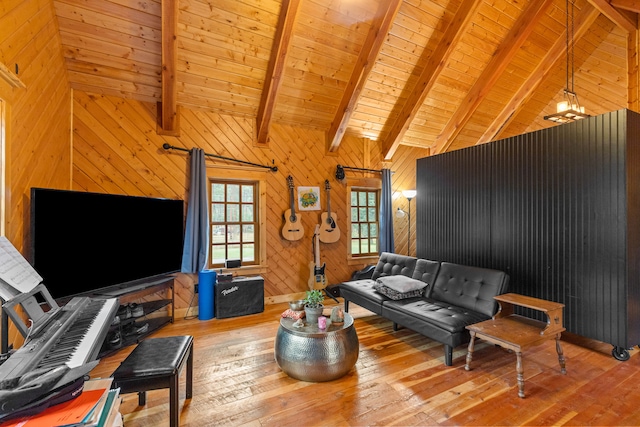 living room with wooden ceiling, vaulted ceiling with beams, wood walls, and wood-type flooring