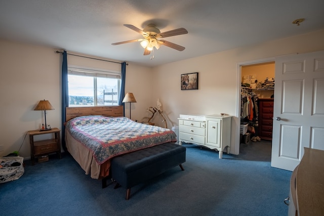 carpeted bedroom featuring a walk in closet, ceiling fan, and a closet