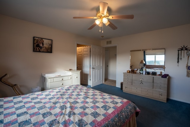 carpeted bedroom featuring ceiling fan