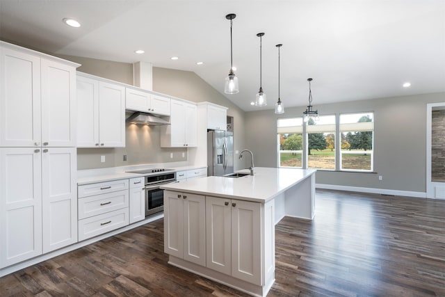 309 Kari Ln, Polson, MT 59860 - kitchen with stainless steel appliances, a sink, a center island with sink, light countertops, and dark wood finished floors