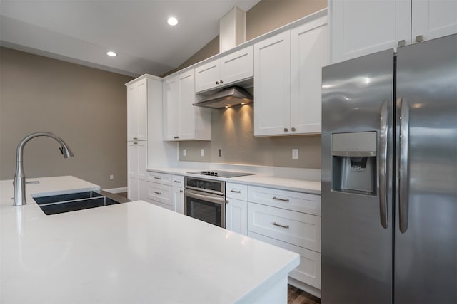 kitchen featuring lofted ceiling, sink, dark hardwood / wood-style flooring, white cabinetry, and stainless steel appliances