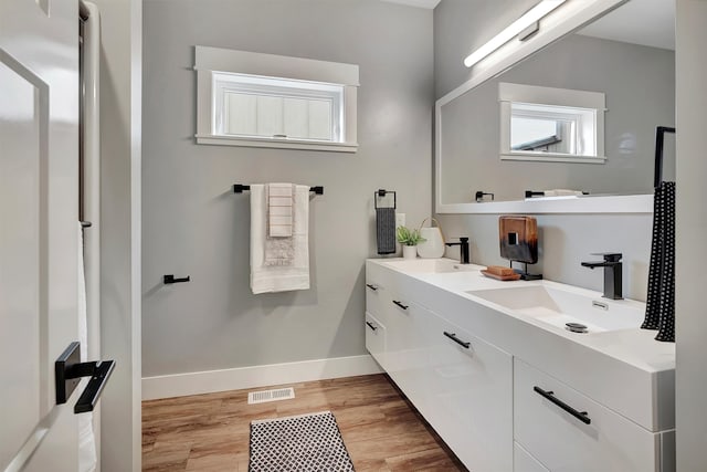 bathroom with vanity and wood-type flooring