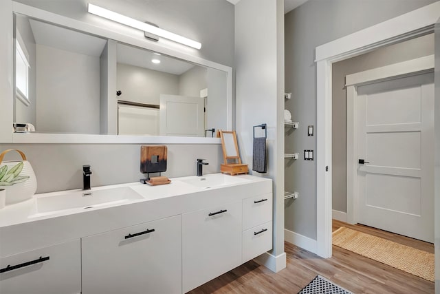 bathroom with vanity and wood-type flooring