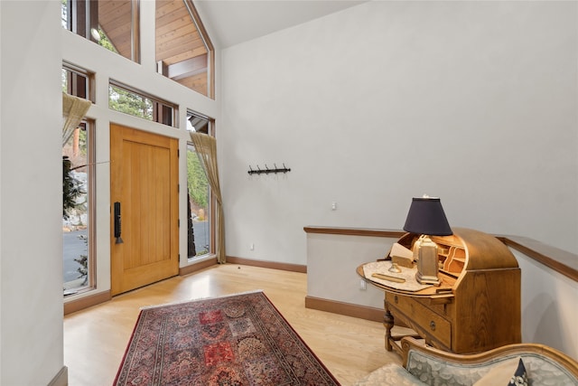 entrance foyer featuring light hardwood / wood-style flooring and high vaulted ceiling