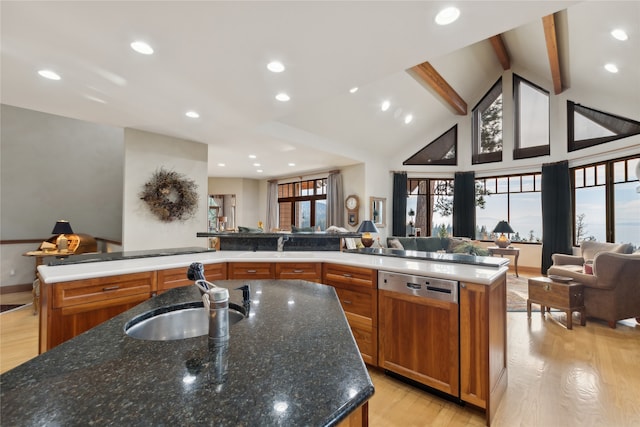 kitchen featuring dishwasher, sink, light hardwood / wood-style flooring, and an island with sink