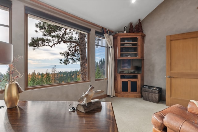 living room with light carpet and vaulted ceiling