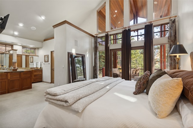 carpeted bedroom with access to outside and high vaulted ceiling