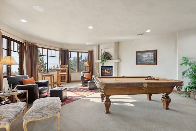 playroom featuring light carpet and billiards