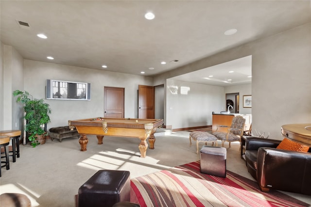 playroom featuring light colored carpet and pool table