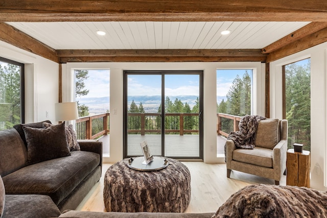 469 Owings Creek Loop, Hamilton, MT 59840 - living area featuring light wood finished floors, healthy amount of natural light, recessed lighting, and a wood ceiling with exposed beams