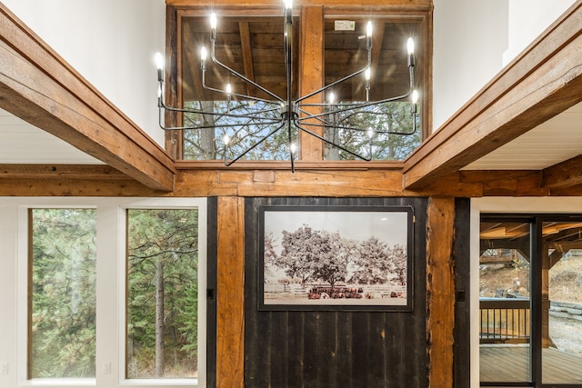 469 Owings Creek Loop, Hamilton, MT 59840 - detailed view of beamed ceiling and a chandelier