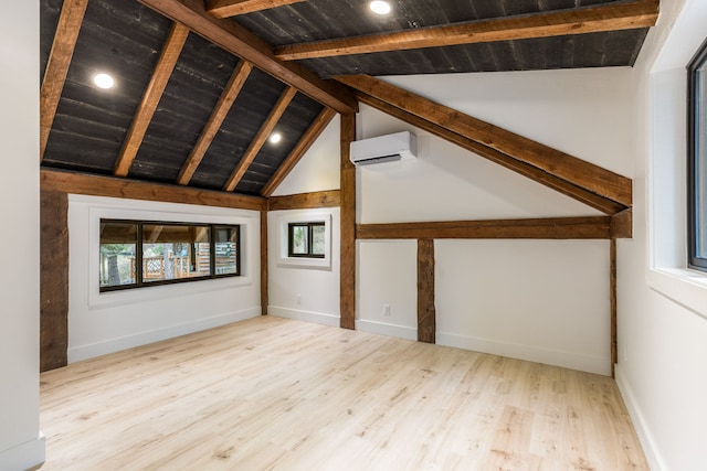 bonus room with wooden ceiling, lofted ceiling with beams, a wall mounted air conditioner, and light hardwood / wood-style floors