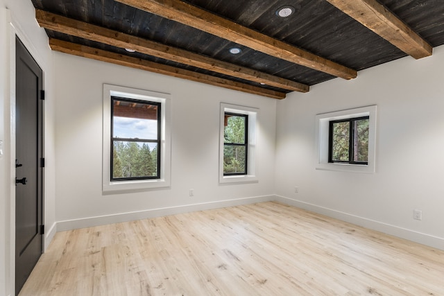 empty room with beam ceiling, light hardwood / wood-style flooring, and wood ceiling