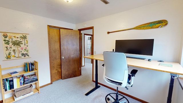 home office with light carpet