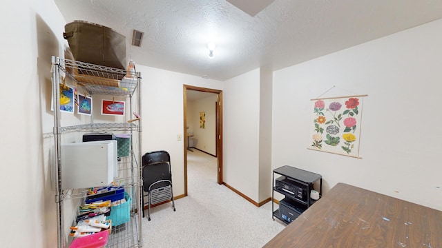 office area featuring a textured ceiling and light carpet