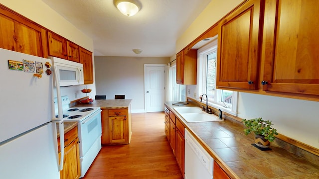 kitchen with white appliances, light hardwood / wood-style flooring, tile counters, and sink