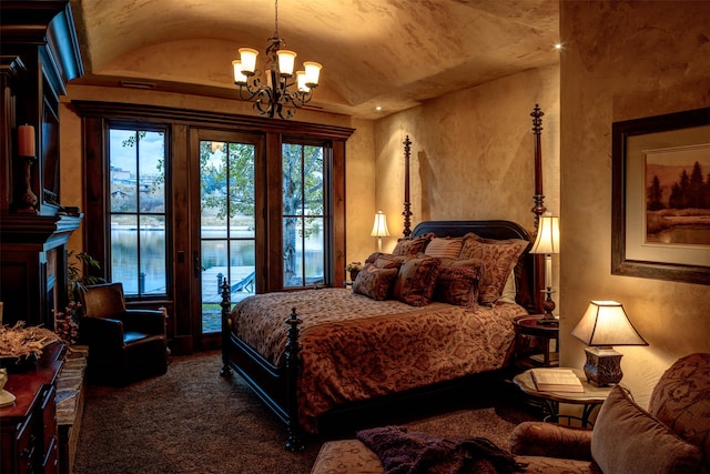 bedroom with access to outside, dark carpet, lofted ceiling, and a notable chandelier