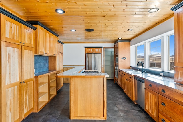 kitchen with decorative backsplash, appliances with stainless steel finishes, wood ceiling, sink, and a kitchen island