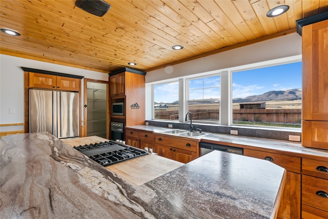 kitchen featuring a mountain view, wooden ceiling, sink, appliances with stainless steel finishes, and a kitchen island