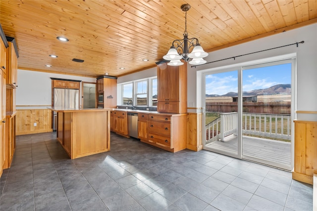 kitchen featuring pendant lighting, a center island, wood ceiling, and stainless steel appliances