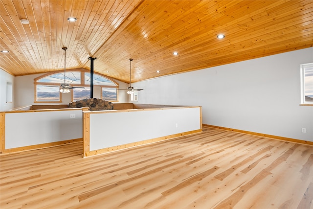 interior space with ceiling fan, wood ceiling, lofted ceiling, and light hardwood / wood-style floors