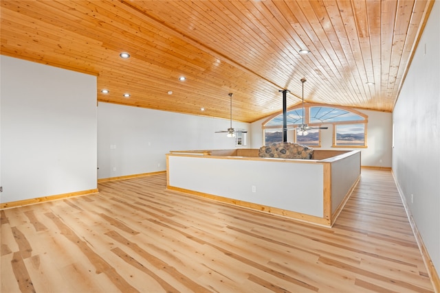 interior space featuring lofted ceiling, light hardwood / wood-style flooring, ceiling fan, and wooden ceiling