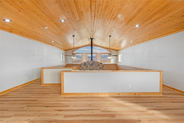 kitchen featuring ceiling fan, wooden ceiling, light hardwood / wood-style floors, lofted ceiling, and decorative light fixtures