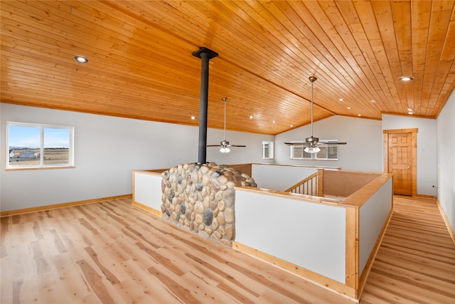 kitchen featuring pendant lighting, wooden ceiling, lofted ceiling, and light hardwood / wood-style flooring