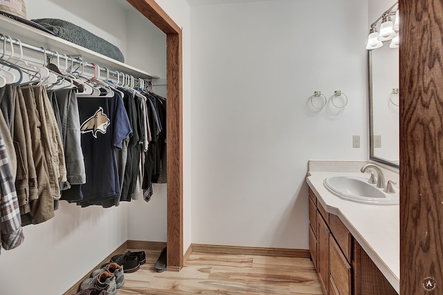 bathroom featuring hardwood / wood-style flooring and vanity