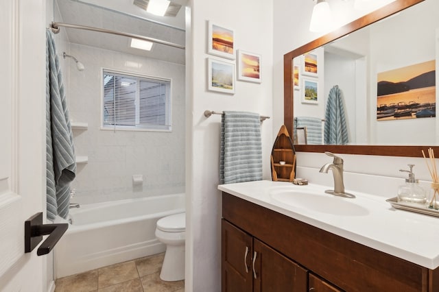 full bathroom featuring tile patterned flooring, vanity, toilet, and shower / bathtub combination with curtain