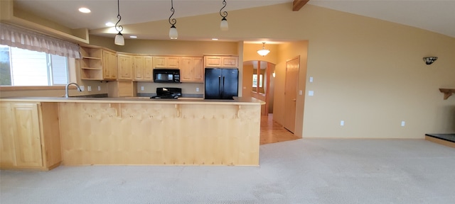 kitchen with open shelves, lofted ceiling with beams, arched walkways, light brown cabinets, and black appliances
