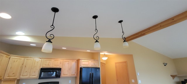 interior details with light brown cabinets, pendant lighting, black appliances, and beam ceiling