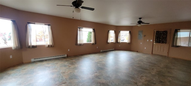 unfurnished room with baseboard heating, electric panel, and ceiling fan