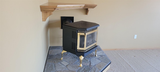 room details featuring a wood stove
