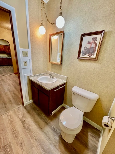 bathroom featuring hardwood / wood-style floors, vanity, and toilet