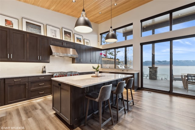 kitchen featuring a water and mountain view, wood ceiling, decorative light fixtures, and light hardwood / wood-style floors