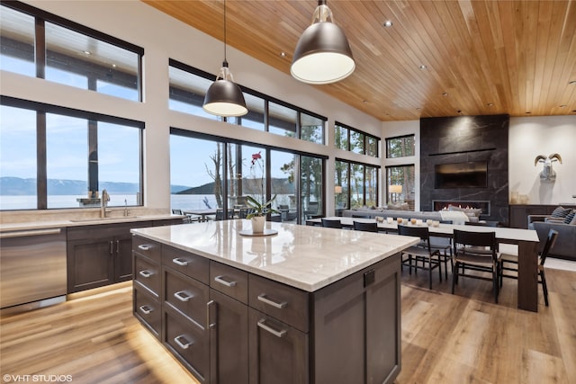 kitchen with stainless steel dishwasher, dark brown cabinets, a large fireplace, sink, and hanging light fixtures