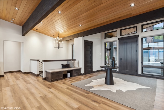 interior space with a chandelier, light hardwood / wood-style flooring, and wood ceiling