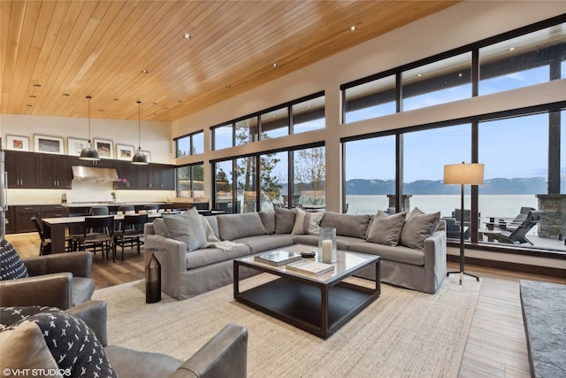 living room with a water and mountain view, high vaulted ceiling, wooden ceiling, and light hardwood / wood-style flooring