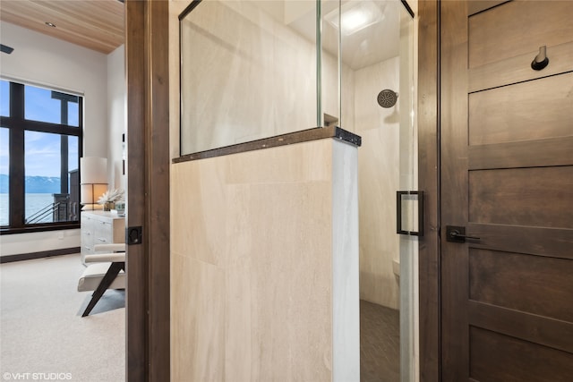 bathroom featuring a water view and a shower with shower door