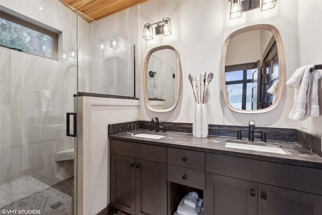 bathroom with vanity, an enclosed shower, and wood ceiling