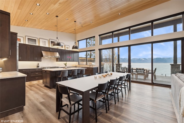 dining space featuring light wood-type flooring, high vaulted ceiling, a water and mountain view, and wood ceiling