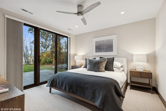 bedroom featuring access to exterior, ceiling fan, and light carpet