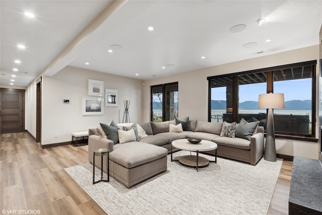 living room featuring a mountain view and light hardwood / wood-style floors