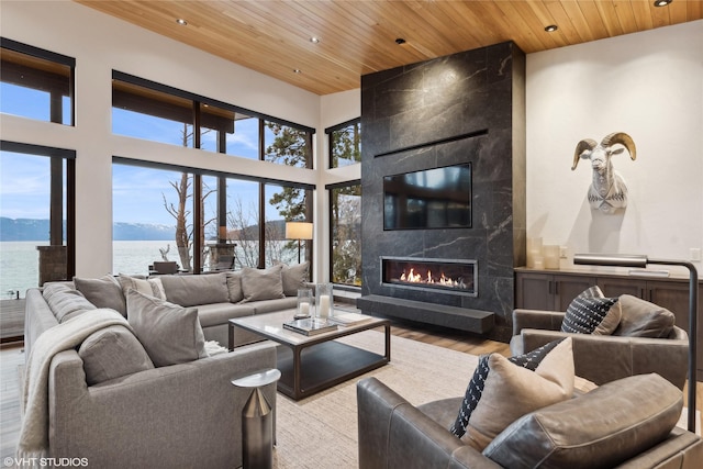22934 Damaskes Way, Rollins, MT 59931 - living room featuring wood ceiling, wood finished floors, a premium fireplace, and recessed lighting