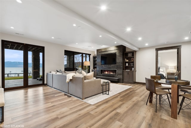 living room featuring a fireplace, a water and mountain view, and light wood-type flooring