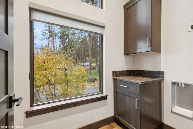 interior space with plenty of natural light, light hardwood / wood-style floors, and dark brown cabinets